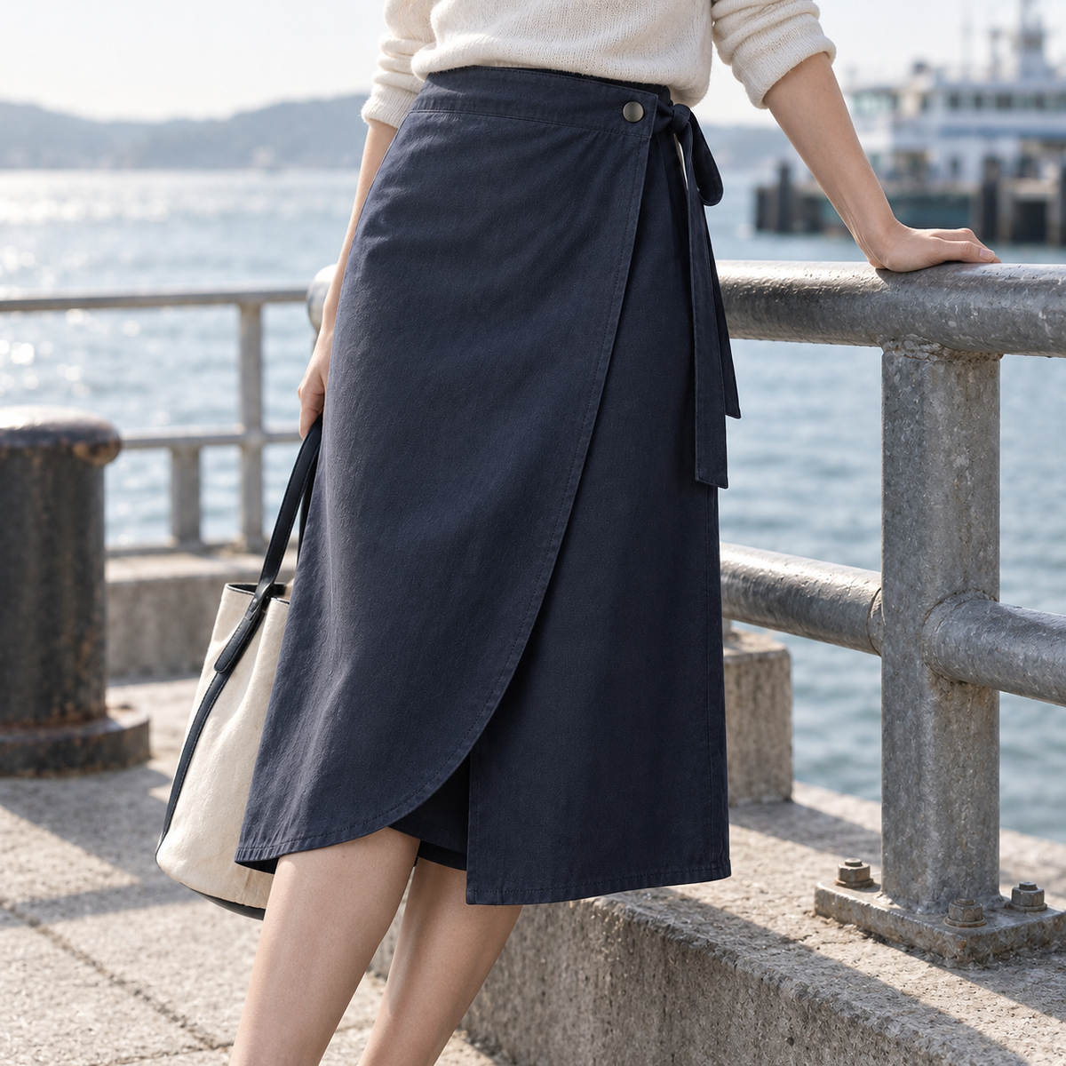 Elowen Transit Wrap Skirt worn at a ferry quay