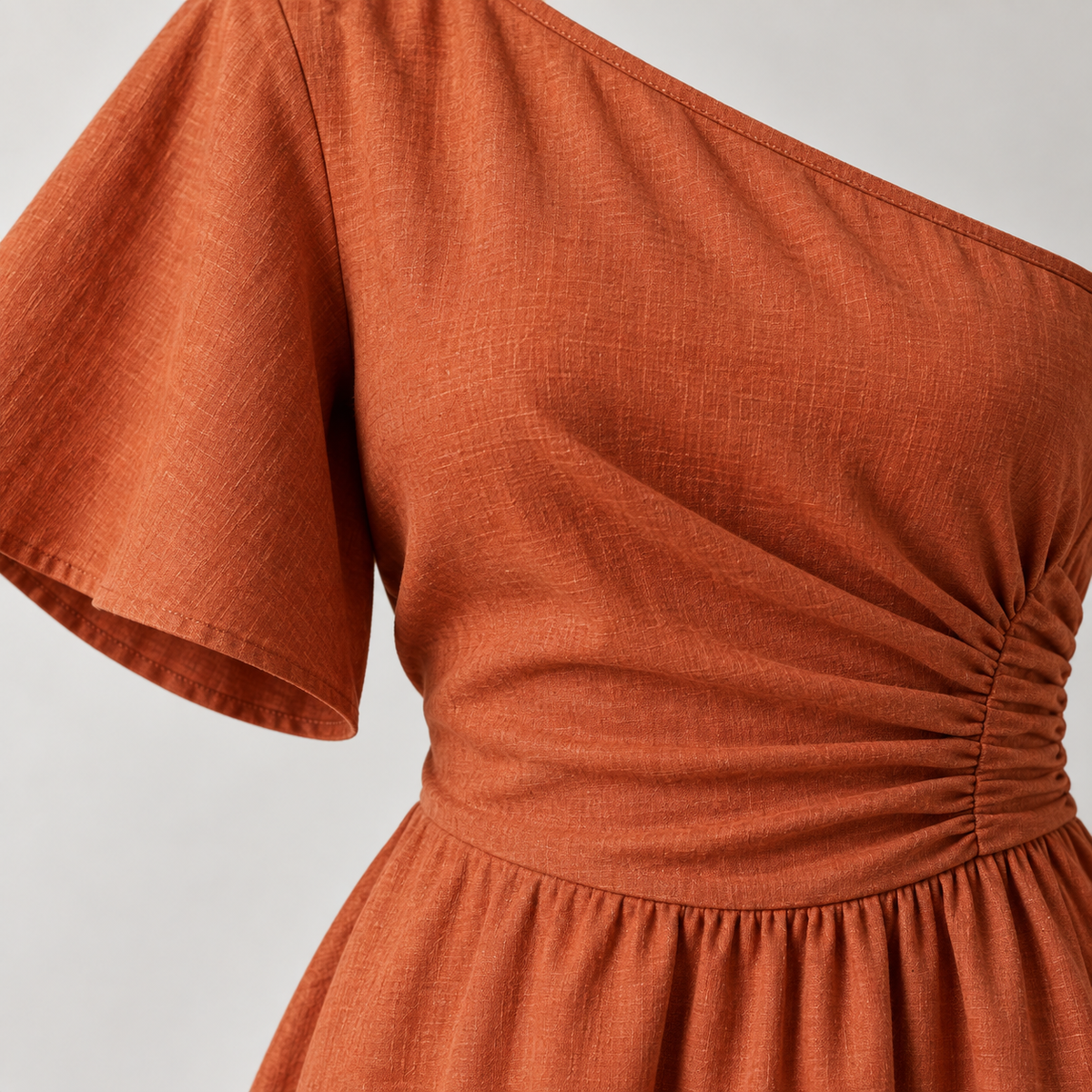 Caldera Dress neckline gather and linen detail