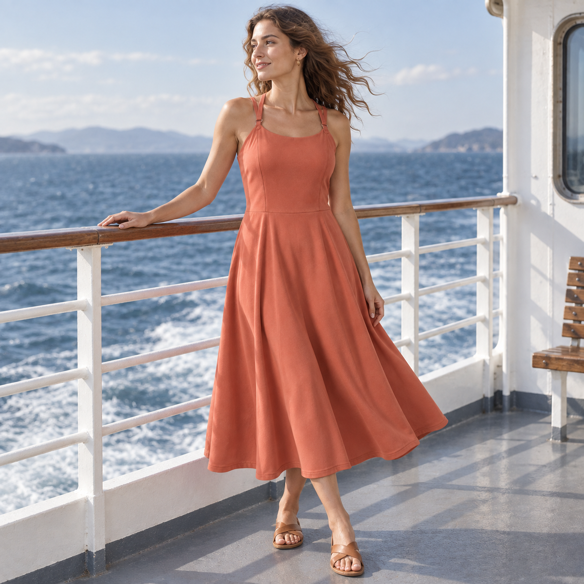Maris Convertible Travel Dress worn on a ferry deck