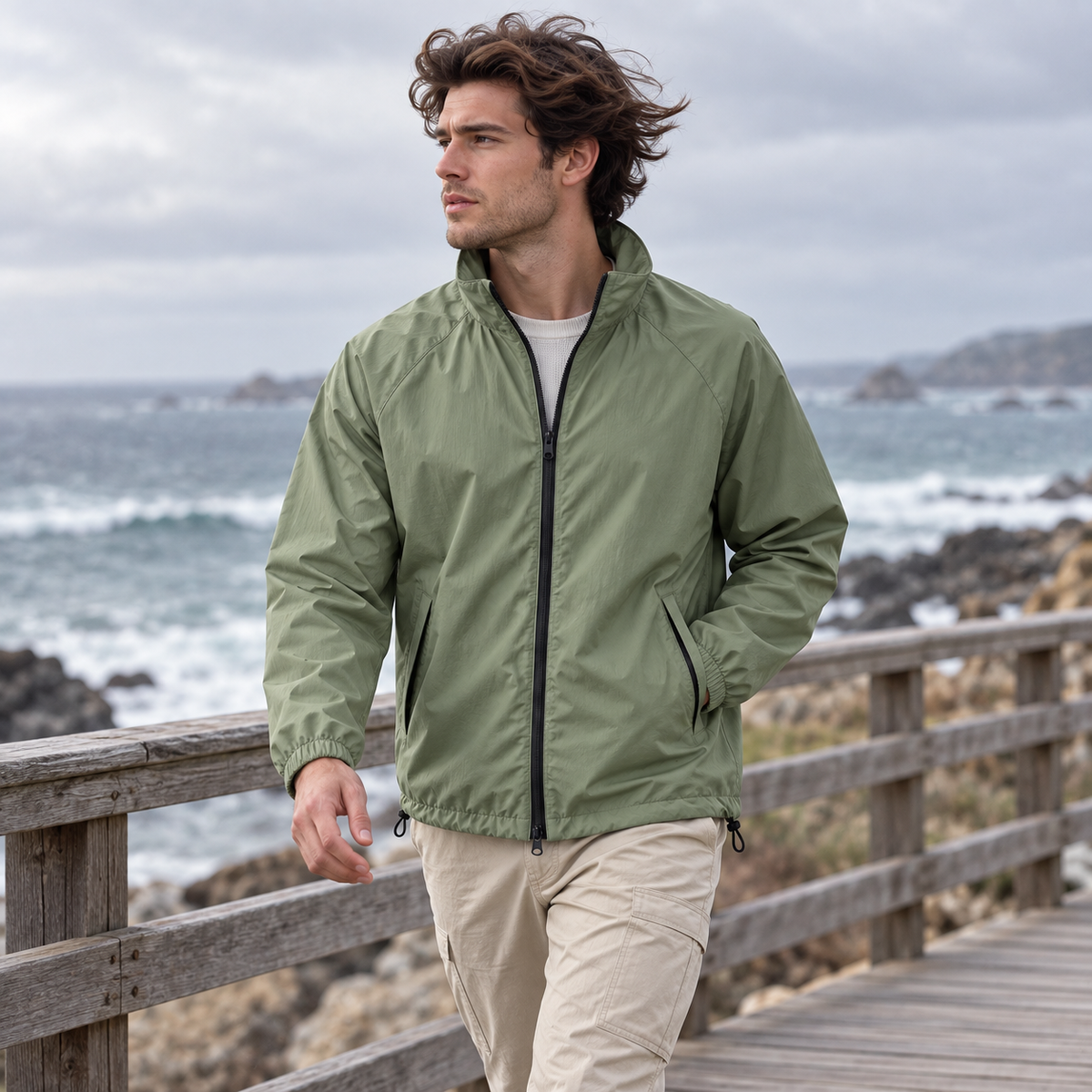 Navira Packable Wind Shell worn on a coastal boardwalk