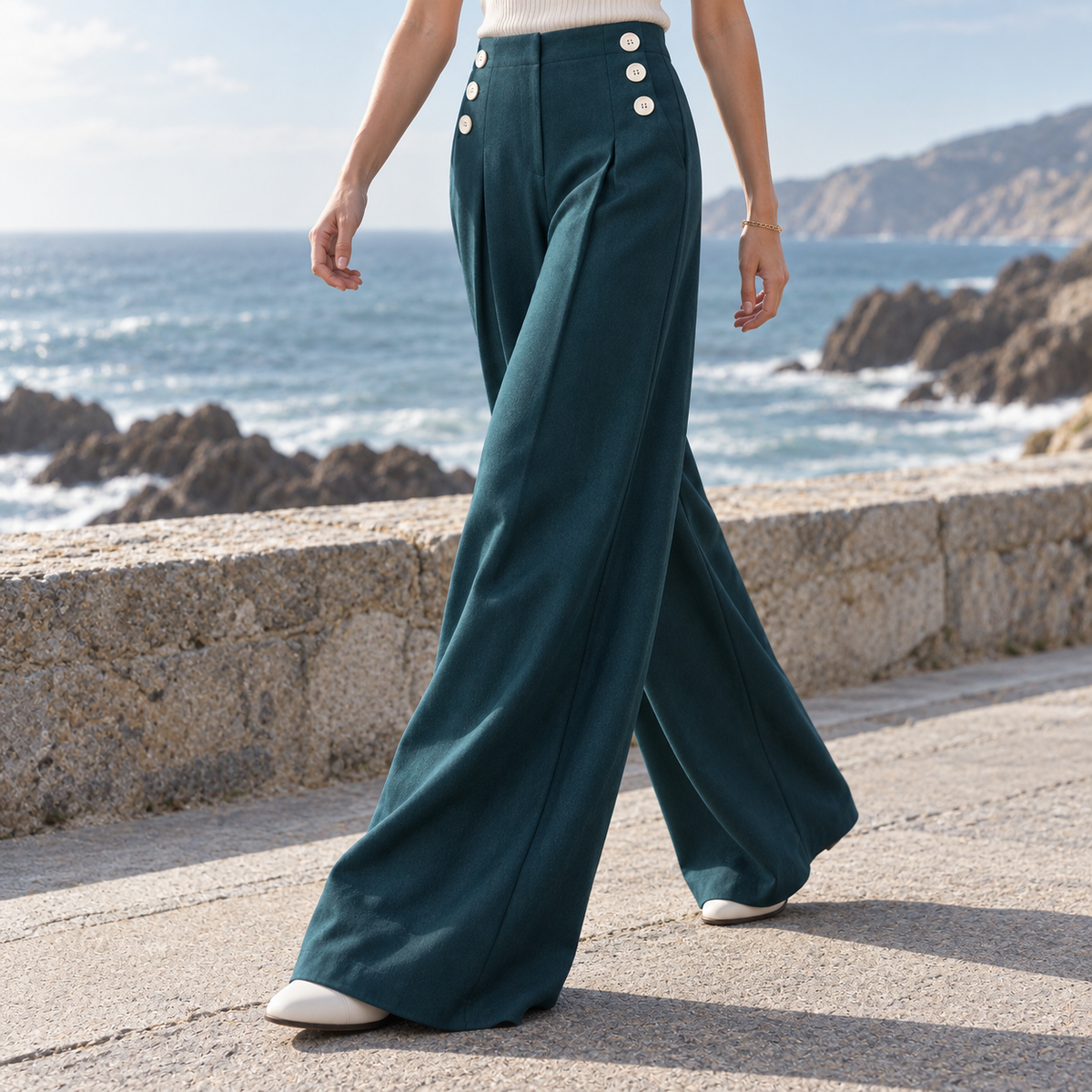 Velune Sail Wide-Leg Trouser worn on a coast path