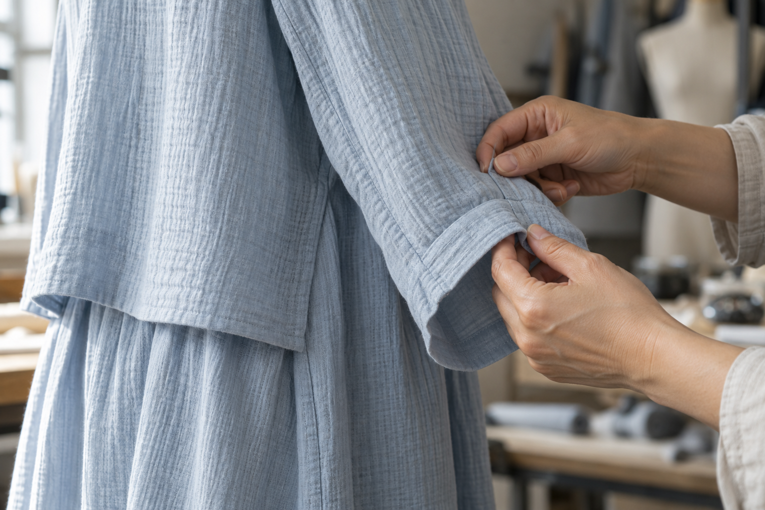 Close view of garment construction and soft gauze texture